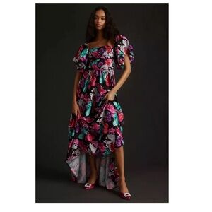 Delfi Collective Floral Fit & Flare Tiered Maxi Dress Puff Sleeve Black Pink S